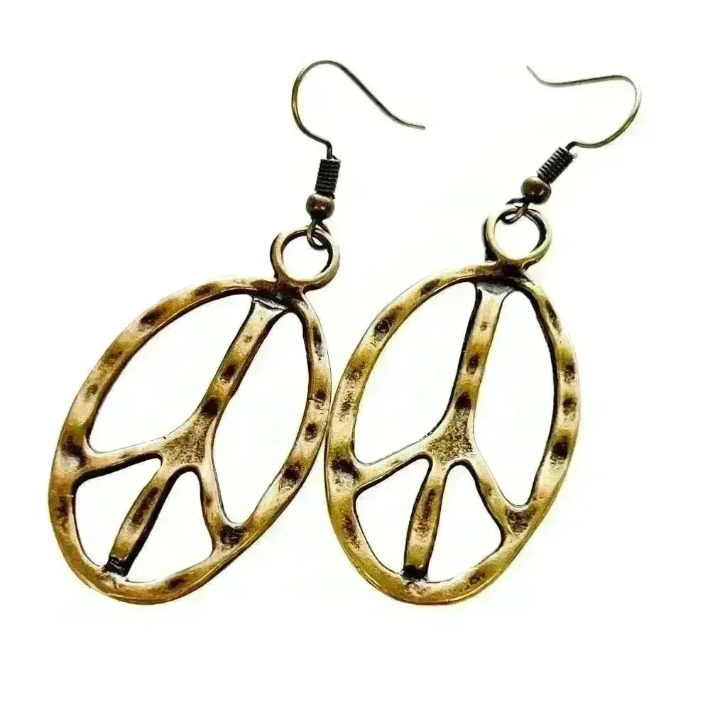 Peace sign hippie earrings hippy accessories bronze tone bohemian retro jewelry